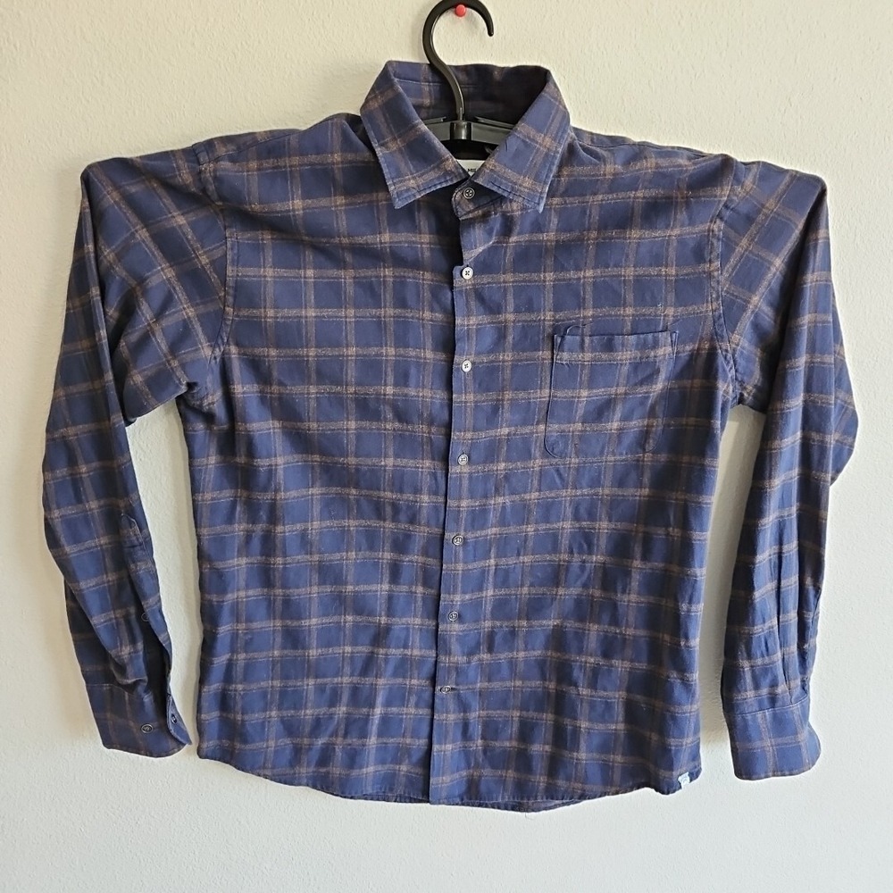 Peter Millar Flannel Button Up Shirt Mens Size M Blue Brown Tartan Metal Buttons